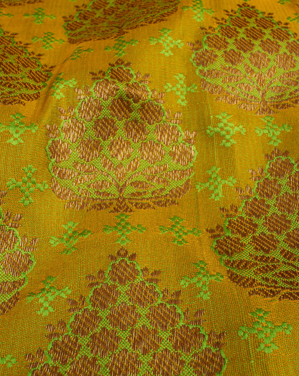 Green & Gold Booti Pattern Zari Work Banarasi Satin Fabric - Fabriclore.com