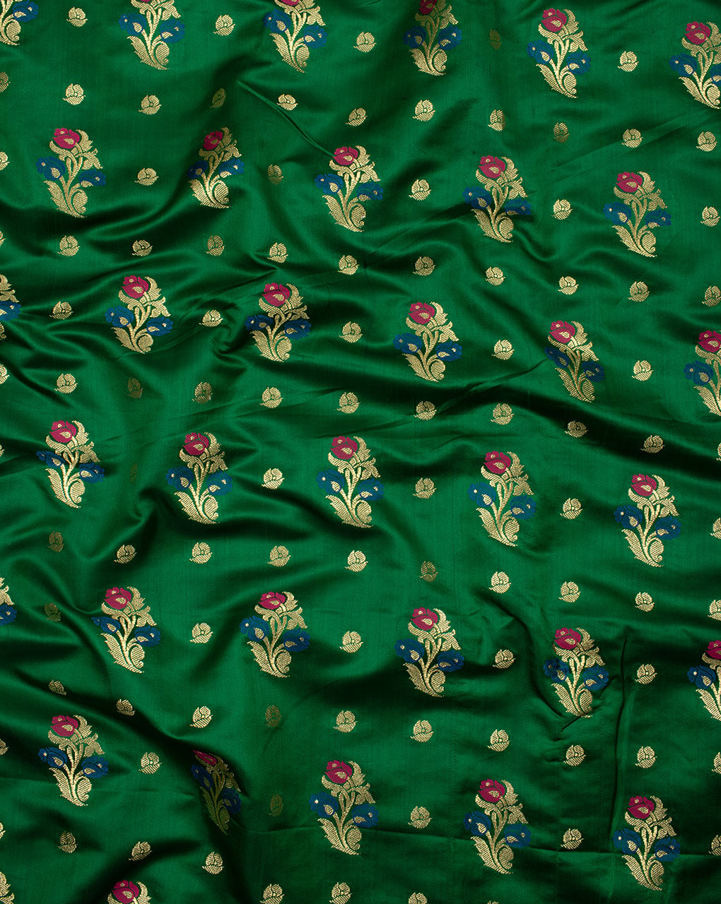 Green Gold Floral Pattern Zari Jacquard Banarasi Satin Fabric - Fabriclore.com