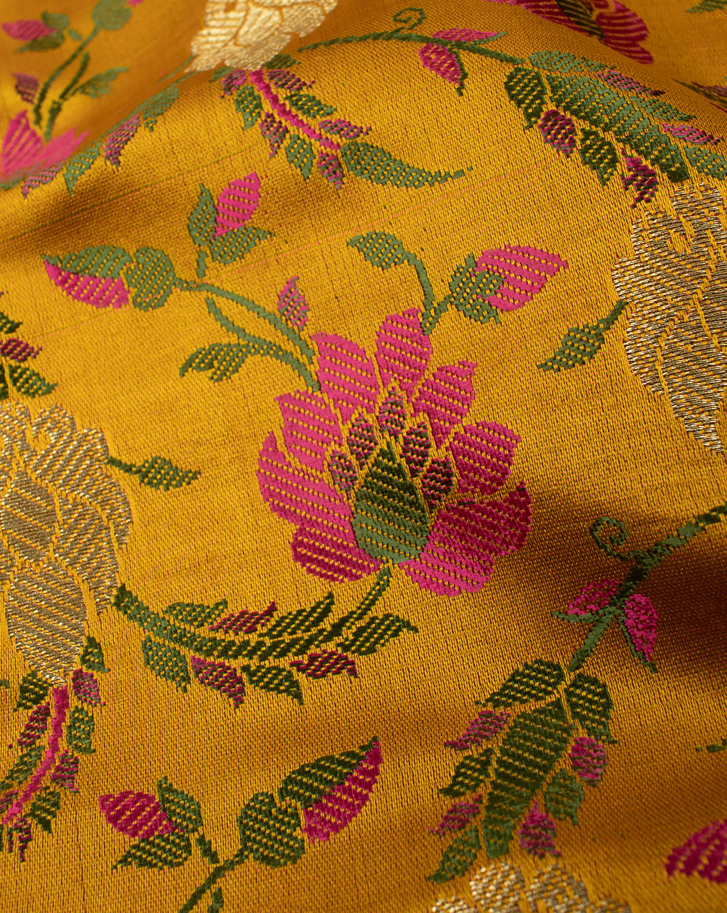 Yellow Fuchsia Floral Pattern Zari Jacquard Banarasi Satin Fabric - Fabriclore.com