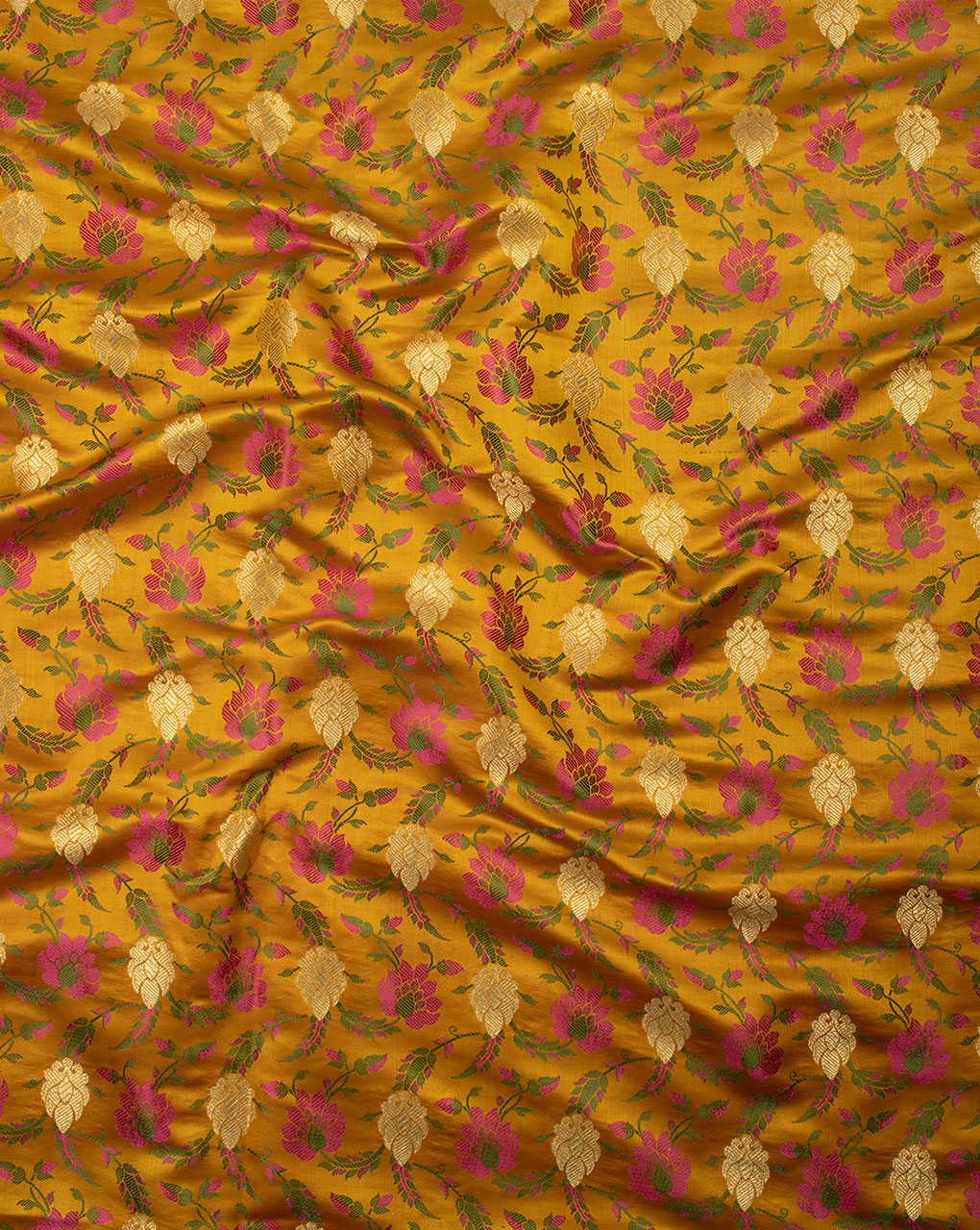 Yellow Fuchsia Floral Pattern Zari Jacquard Banarasi Satin Fabric - Fabriclore.com