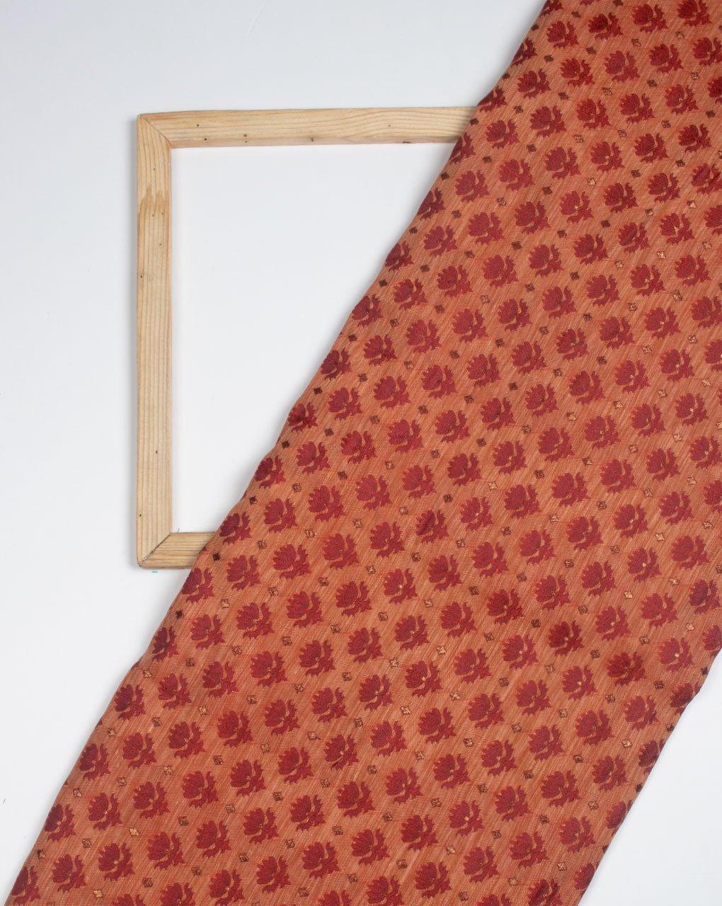 ( Pre-Cut 1.5 MTR ) Beige Red Booti Pattern Zari Jacquard Banarasi Satin Fabric - Fabriclore.com