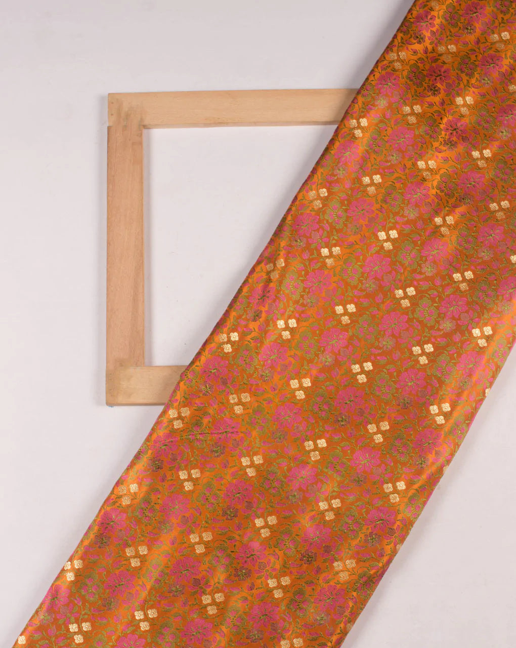 Orange Floral Jamawar Weave Satin Banarasi Fabric - Fabriclore.com