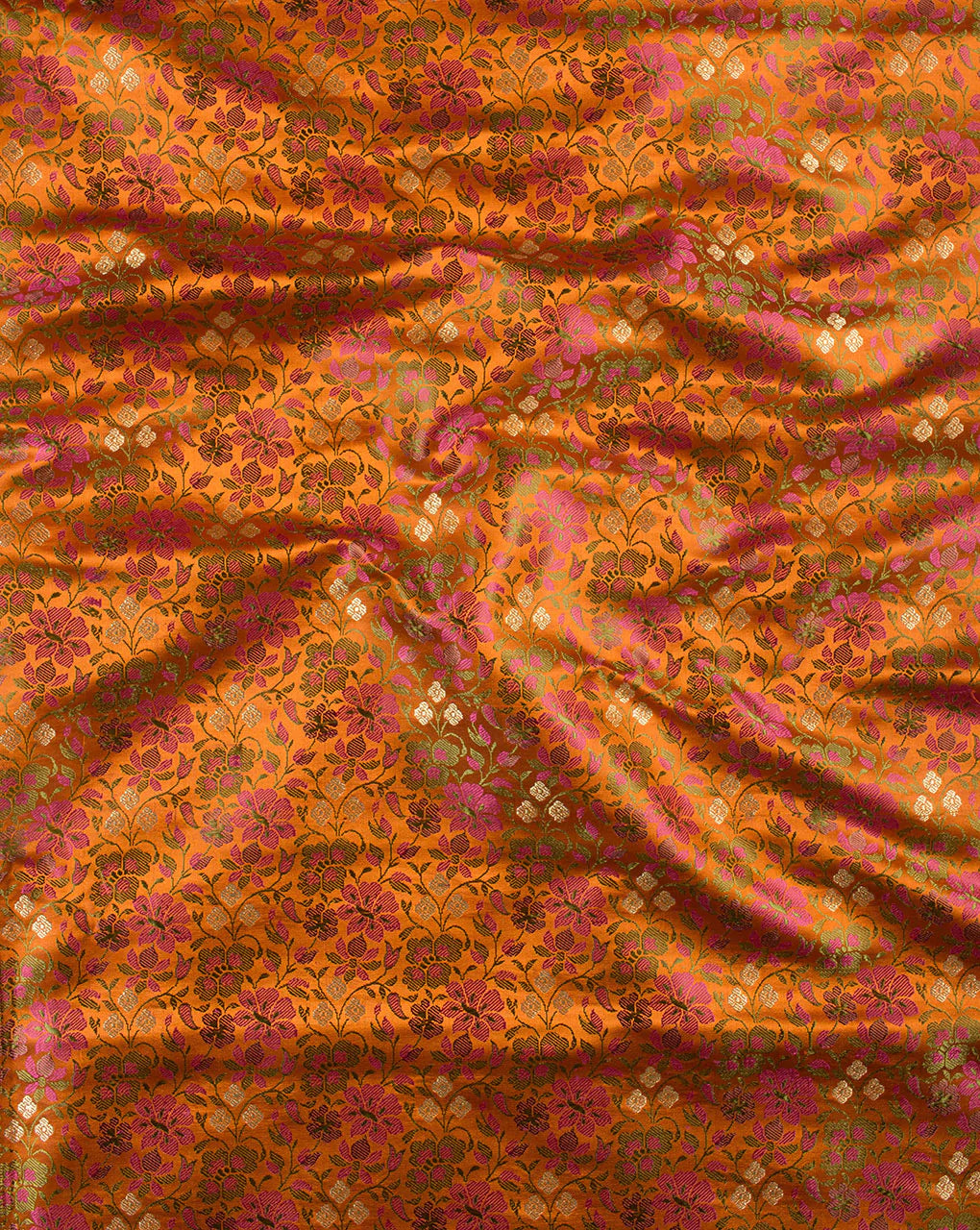 Orange Floral Jamawar Weave Satin Banarasi Fabric - Fabriclore.com