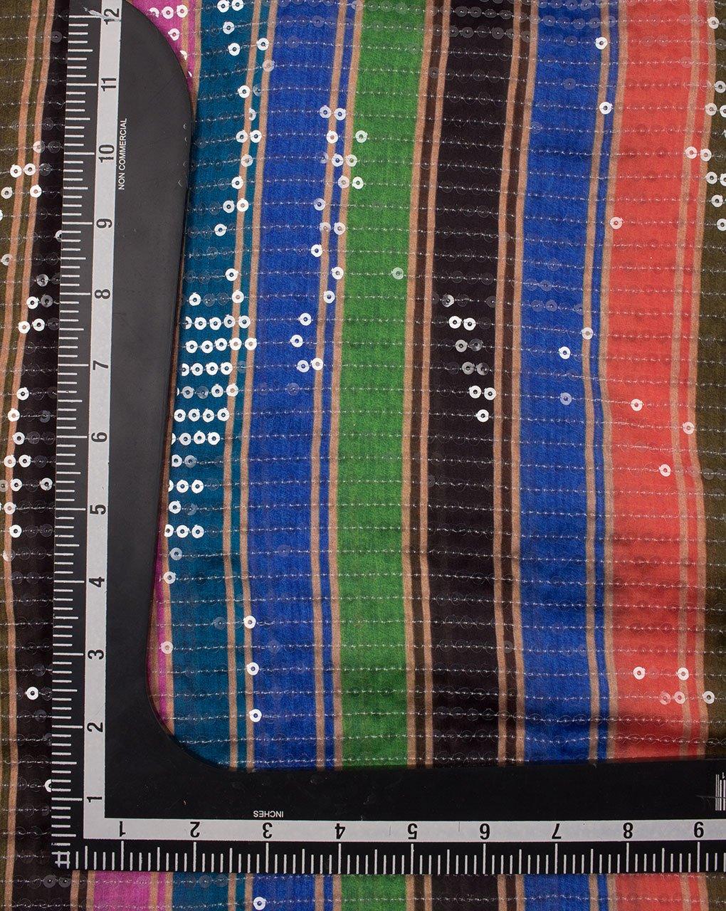 ( Pre-Cut 1.25 MTR ) Multi-Color Stripes Pattern Sequins Digital Print Georgette Satin Fabric - Fabriclore.com