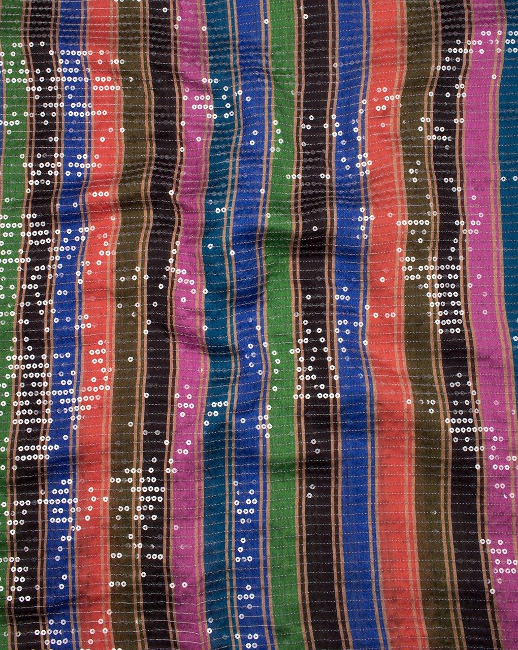 ( Pre-Cut 1.25 MTR ) Multi-Color Stripes Pattern Sequins Digital Print Georgette Satin Fabric - Fabriclore.com