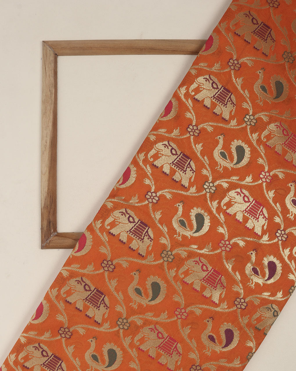 Orange & Gold Creature Print Banarasi Zari Jacquard Taffeta Silk Fabric - Fabriclore.com