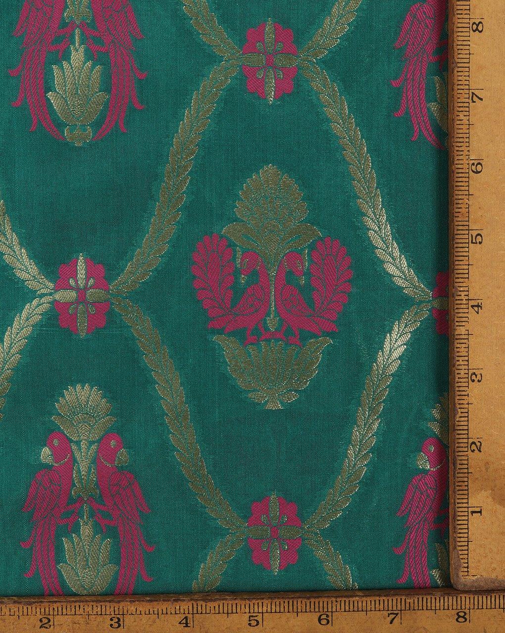 ( Pre-Cut 1.5 MTR ) Green & Gold Creature Print Banarasi Zari Jacquard Taffeta Silk Fabric - Fabriclore.com