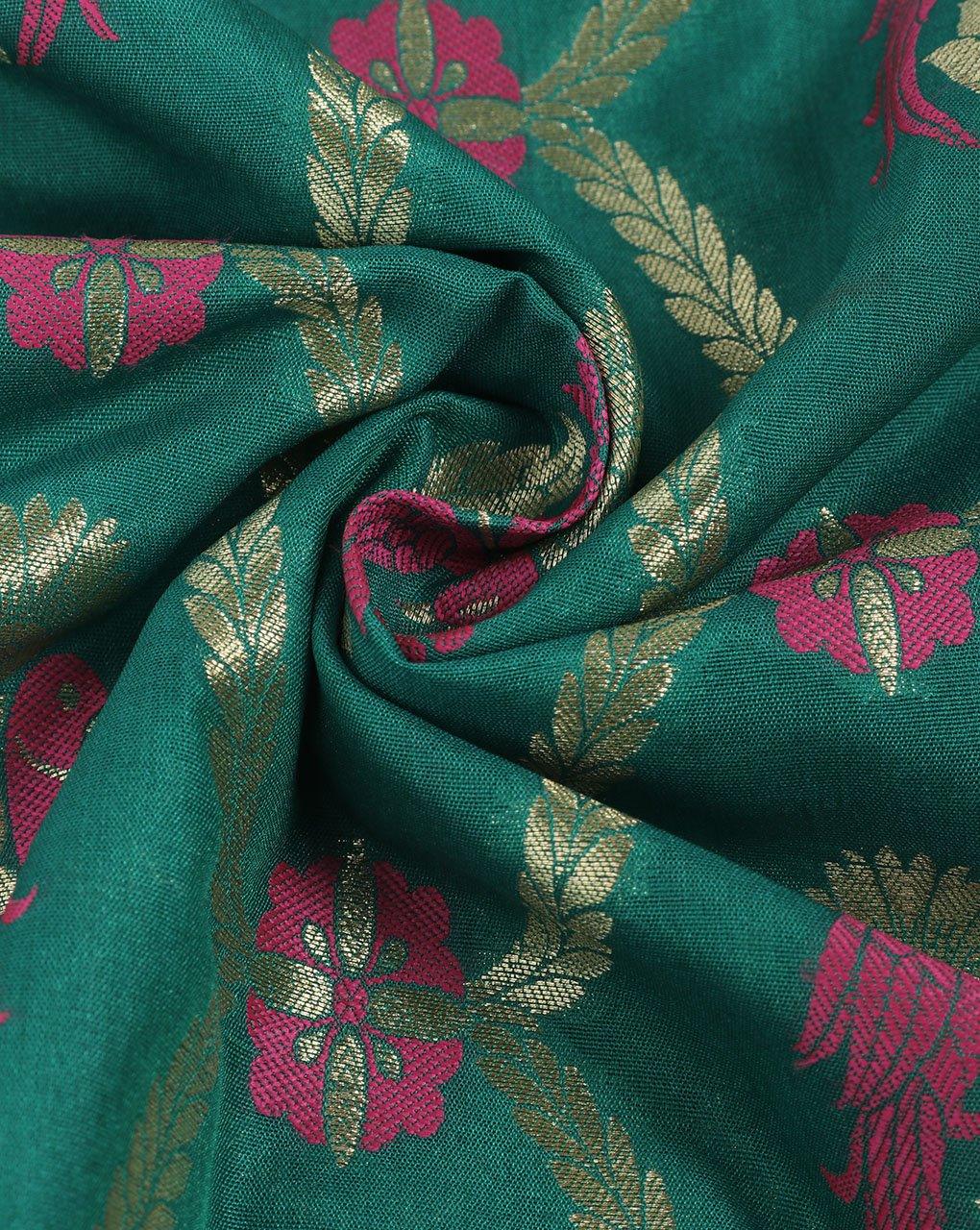 ( Pre-Cut 1.5 MTR ) Green & Gold Creature Print Banarasi Zari Jacquard Taffeta Silk Fabric - Fabriclore.com