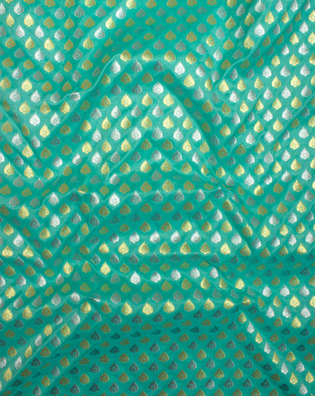 Green & Gold Booti Pattern Zari Work Banarasi Taffeta Silk Fabric - Fabriclore.com