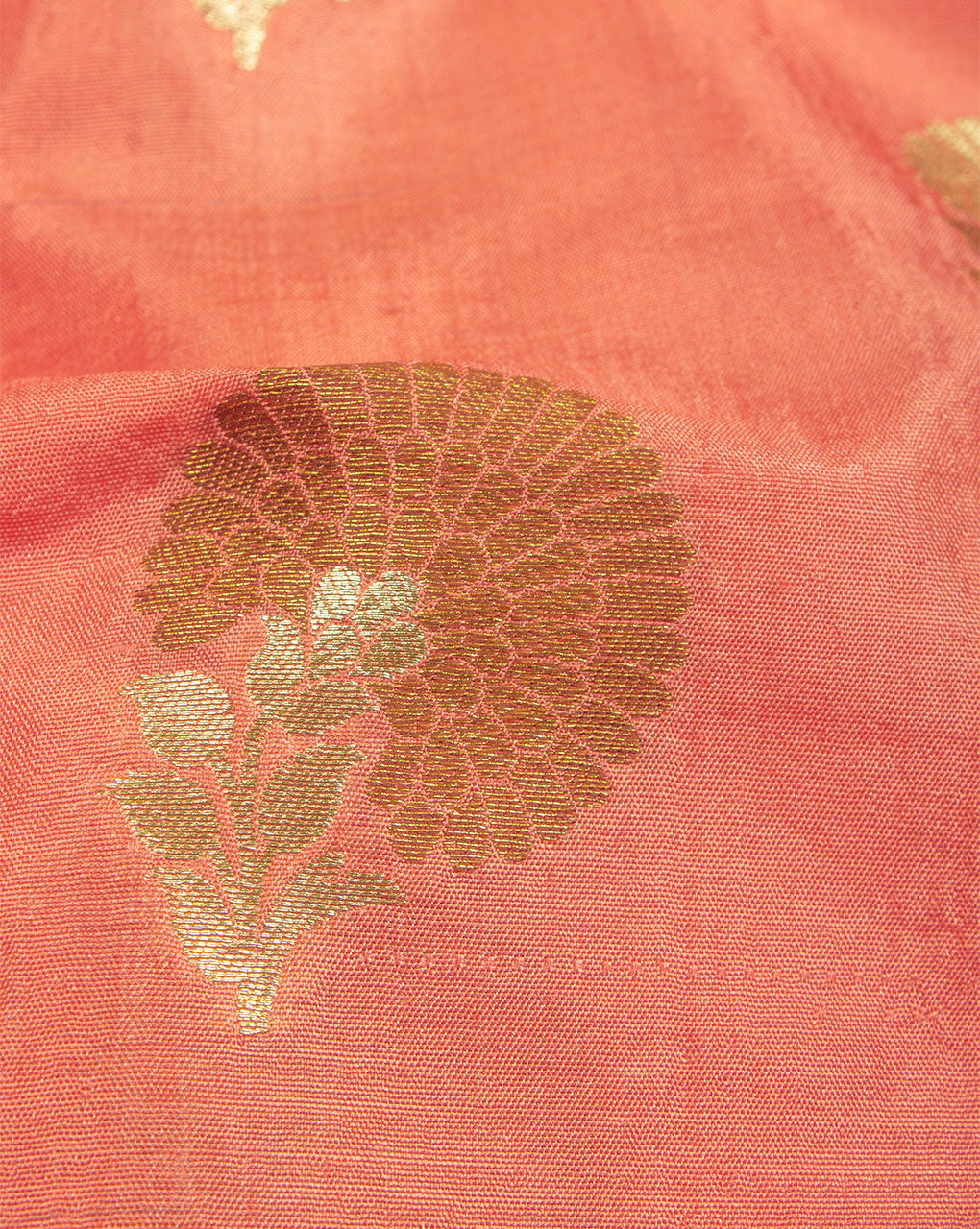Salmon Gold Floral Pattern Zari Jacquard Alfi Banarasi Pure Taffeta Silk Fabric - Fabriclore.com