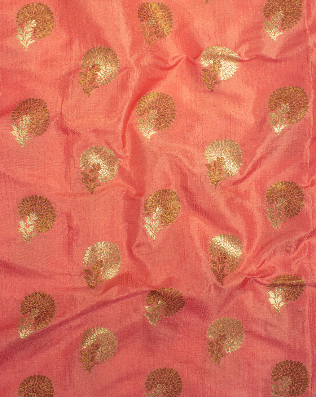 Salmon Gold Floral Pattern Zari Jacquard Alfi Banarasi Pure Taffeta Silk Fabric - Fabriclore.com