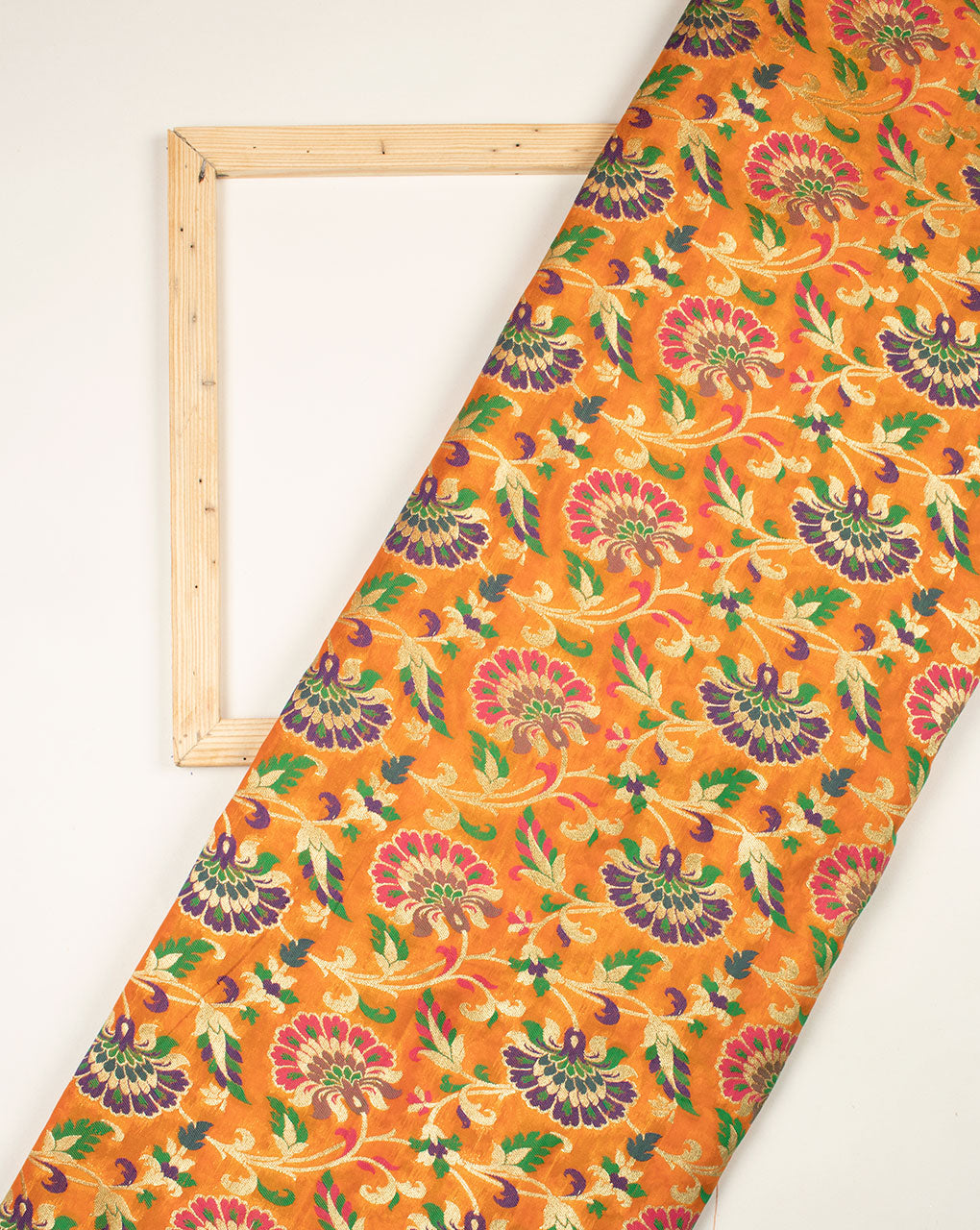 Orange Fuchsia Floral Pattern Zari Jacqurad Banarasi Taffeta Silk Fabric - Fabriclore.com