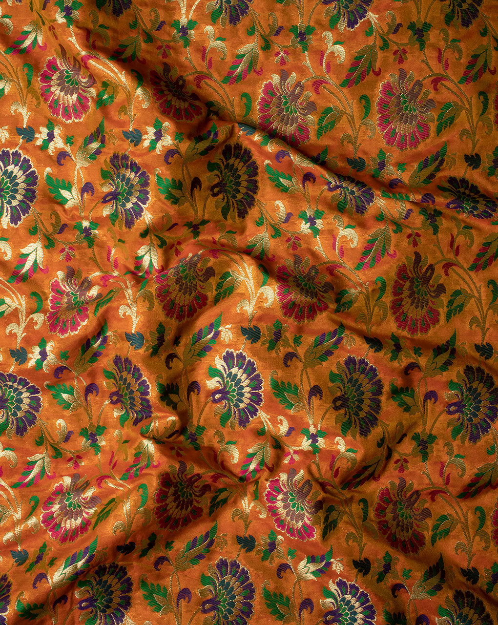 Orange Fuchsia Floral Pattern Zari Jacqurad Banarasi Taffeta Silk Fabric - Fabriclore.com
