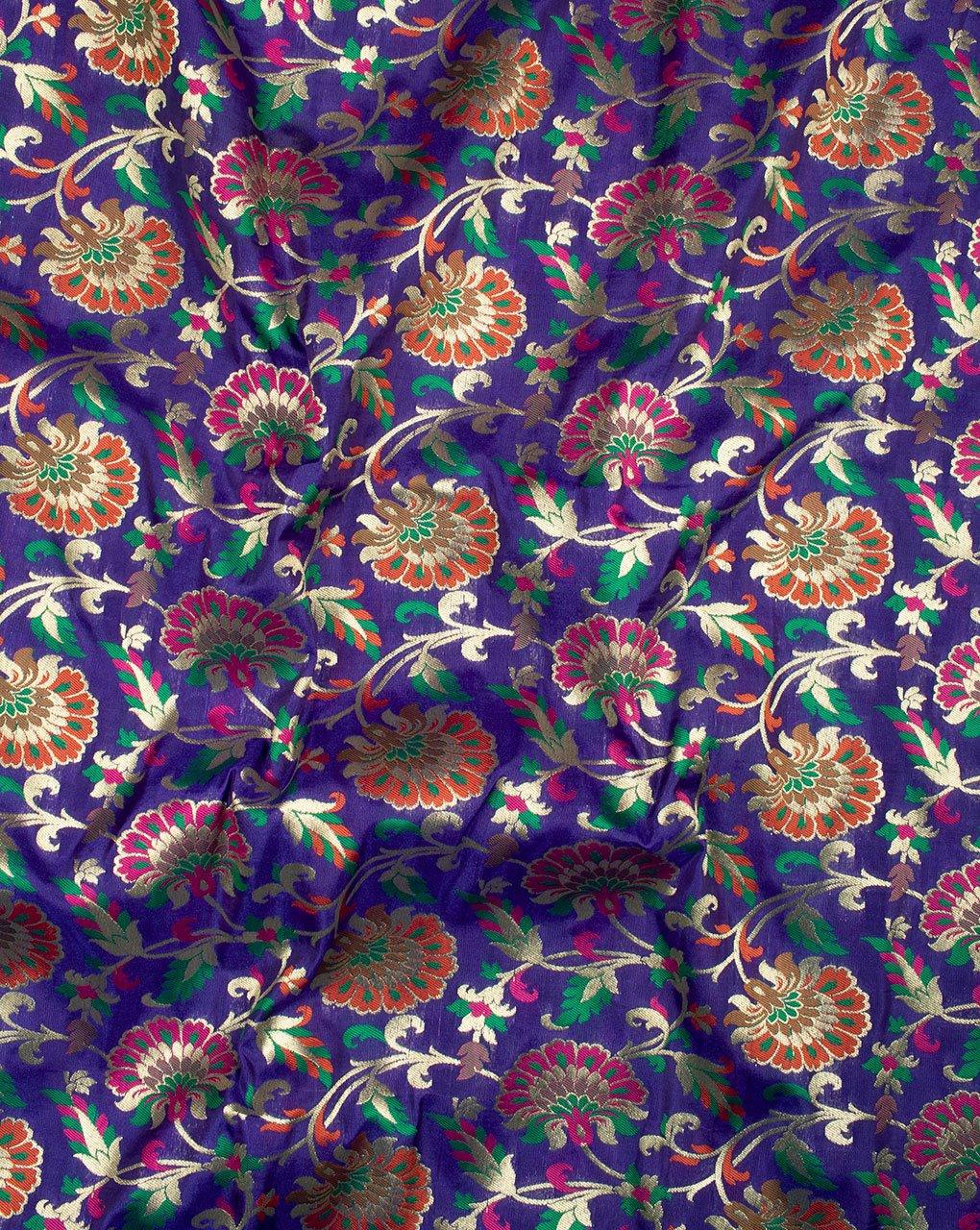 ( Pre-Cut 1.5 MTR ) Blue Green Floral Pattern Zari Jacqurad Banarasi Taffeta Silk Fabric - Fabriclore.com