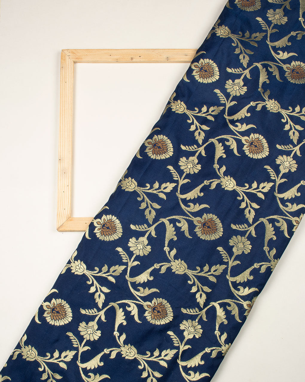 Navy-Blue & Gold Floral Pattern Zari Jacqurad Banarasi Taffeta Silk Fabric - Fabriclore.com
