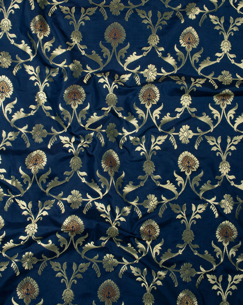 Navy-Blue & Gold Floral Pattern Zari Jacqurad Banarasi Taffeta Silk Fabric - Fabriclore.com