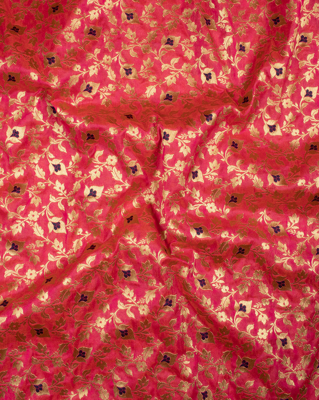 Pink Gold Floral Pattern Zari Jacqurad Banarasi Taffeta Silk Fabric - Fabriclore.com