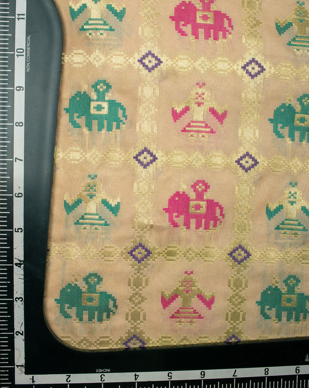 Beige Gold Tribal Pattern Zari Jacqurad Banarasi Taffeta Silk Fabric - Fabriclore.com