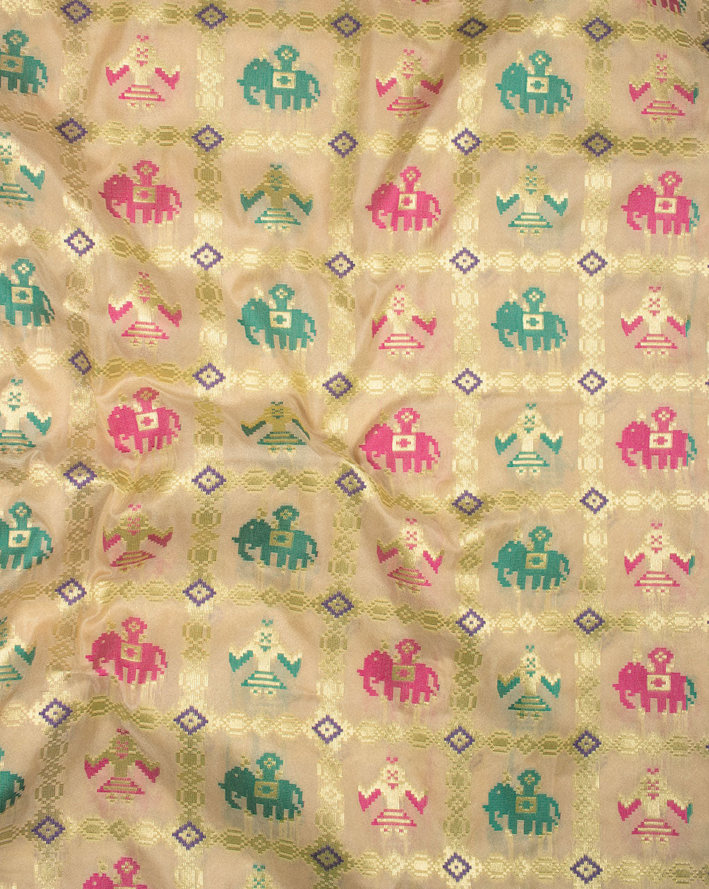 Beige Gold Tribal Pattern Zari Jacqurad Banarasi Taffeta Silk Fabric - Fabriclore.com