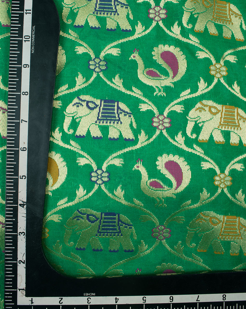 Green Gold Creature Print Zari Jacqurad Banarasi Taffeta Silk Fabric - Fabriclore.com