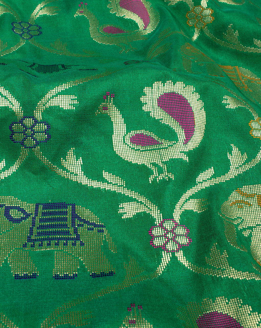 Green Gold Creature Print Zari Jacqurad Banarasi Taffeta Silk Fabric - Fabriclore.com