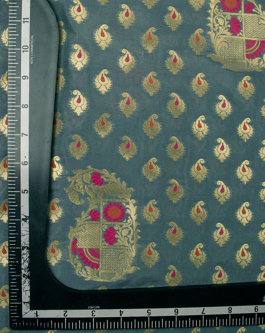 Grey Gold Paisley Pattern Zari Jacquard Banarasi Taffeta Silk Fabric - Fabriclore.com