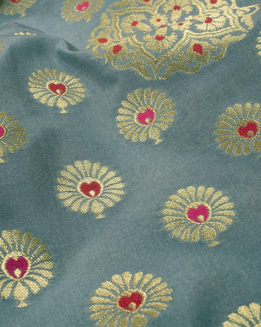 ( Pre-Cut 1.5 MTR ) Grey Gold Booti Pattern Zari Jacquard Banarasi Taffeta Silk Fabric - Fabriclore.com