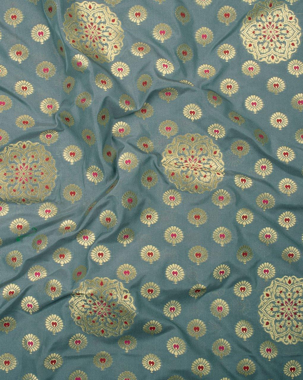 ( Pre-Cut 1.5 MTR ) Grey Gold Booti Pattern Zari Jacquard Banarasi Taffeta Silk Fabric - Fabriclore.com