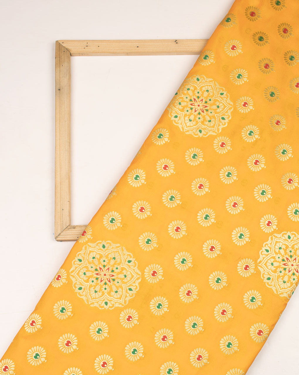 Yellow & Gold Booti Pattern Zari Jacquard Banarasi Taffeta Silk Fabric - Fabriclore.com