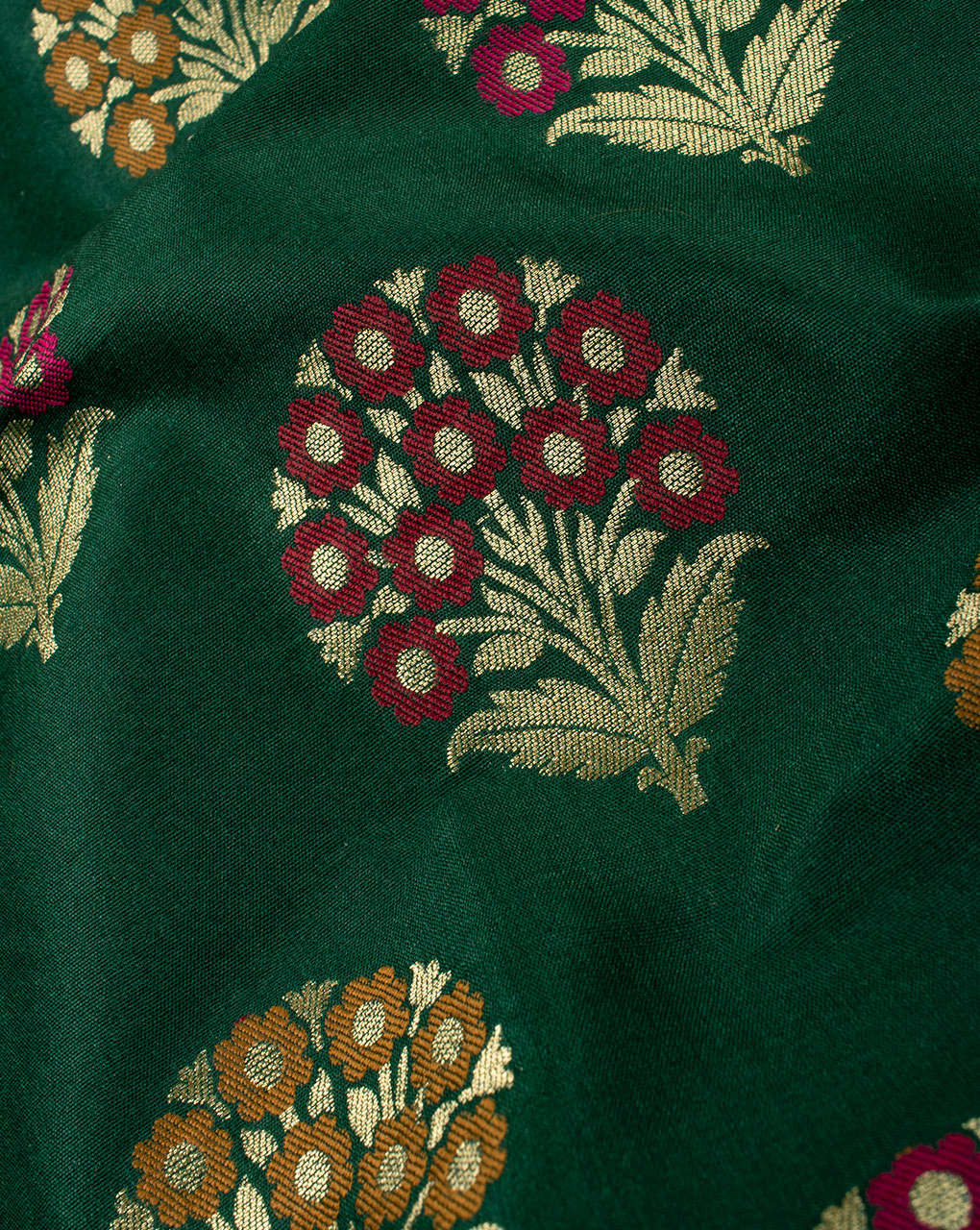 Dark Green & Gold Floral Pattern Zari Jacquard Banarasi Taffeta Silk Fabric - Fabriclore.com