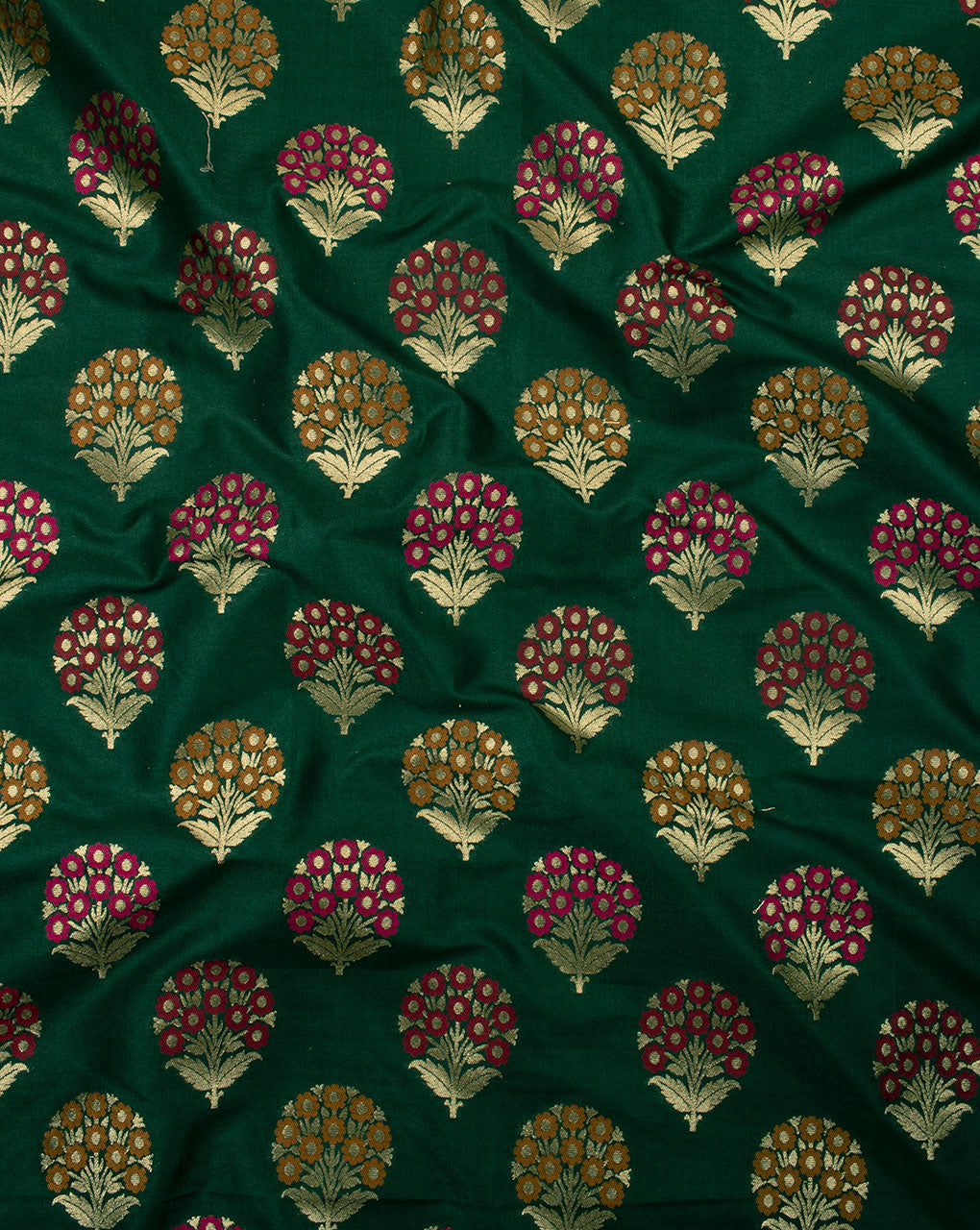 Dark Green & Gold Floral Pattern Zari Jacquard Banarasi Taffeta Silk Fabric - Fabriclore.com