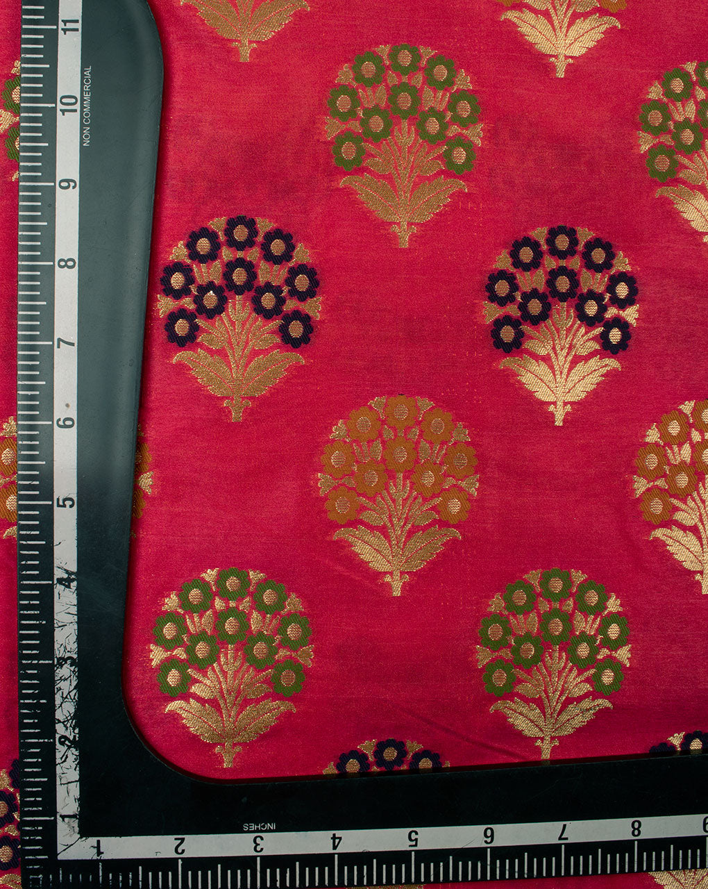 Salmon Gold Floral Pattern Zari Jacquard Banarasi Taffeta Silk Fabric - Fabriclore.com