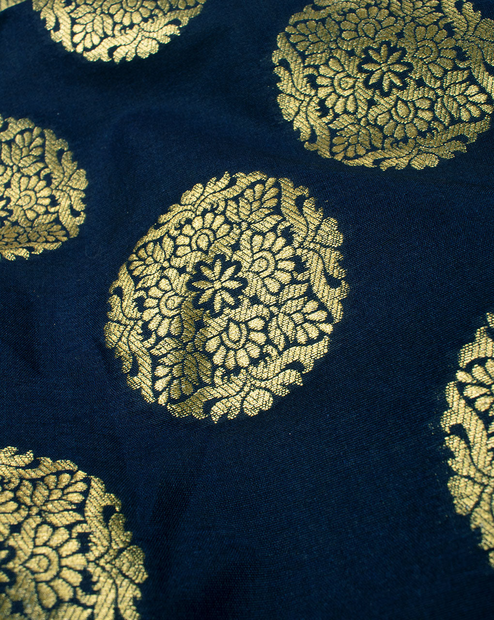 Navy Blue Gold Floral Pattern Zari Jacquard Banarasi Taffeta Silk Fabric - Fabriclore.com