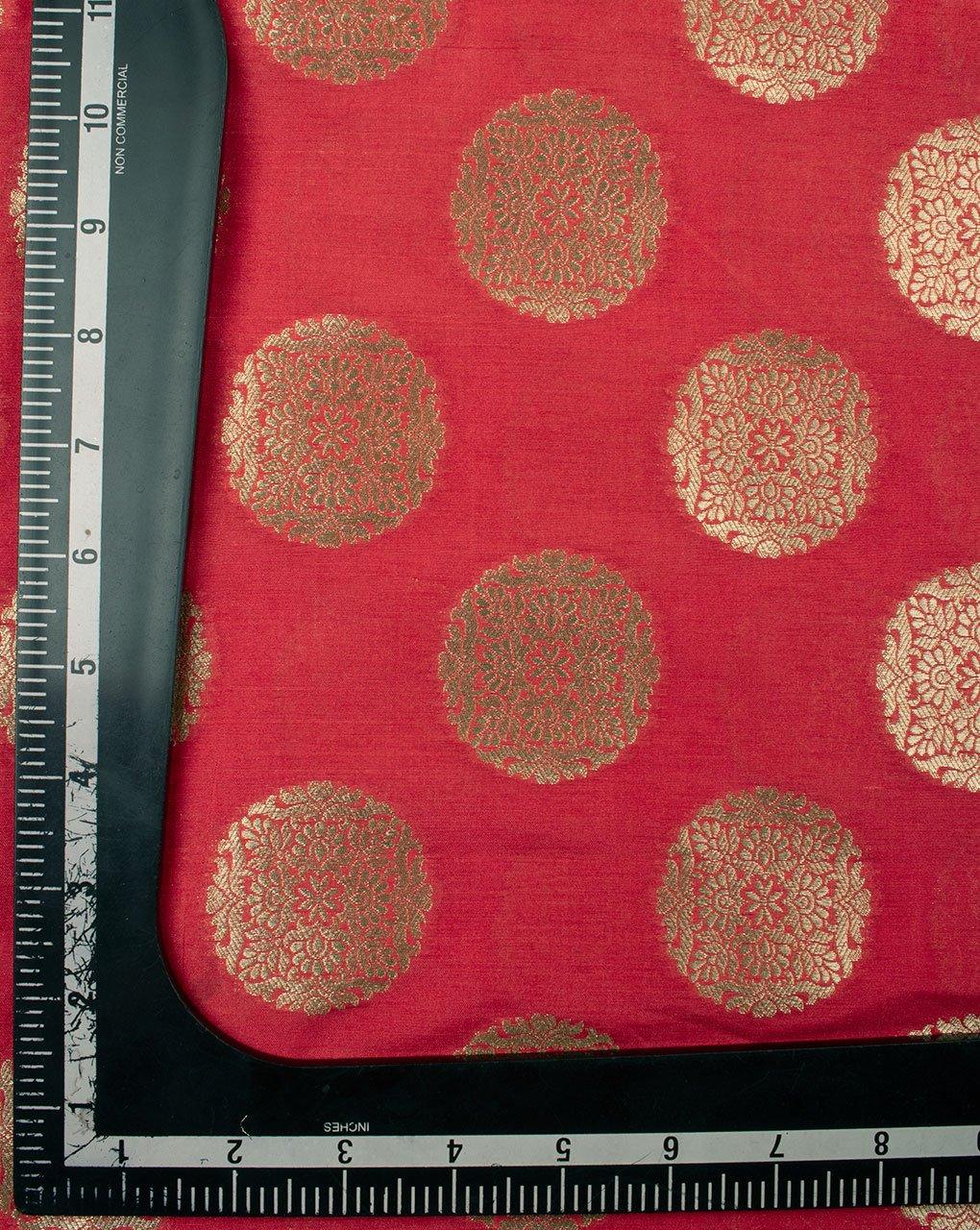( Pre-Cut 2 MTR ) Salmon Gold Floral Pattern Zari Jacquard Banarasi Taffeta Silk Fabric - Fabriclore.com