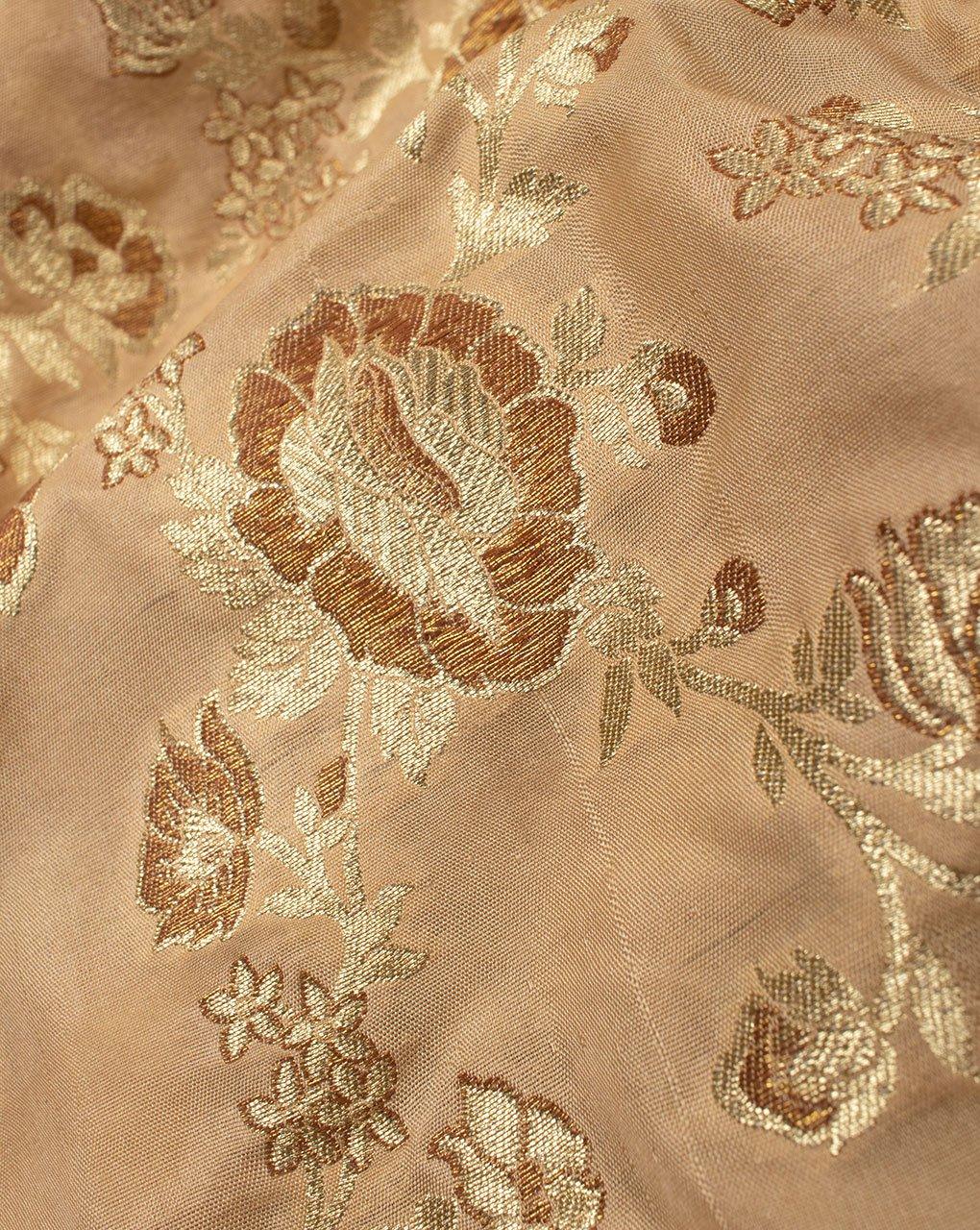 ( Pre-Cut 1.25 MTR ) Beige Gold Floral Pattern Zari Jacquard Banarasi Taffeta Silk Fabric - Fabriclore.com