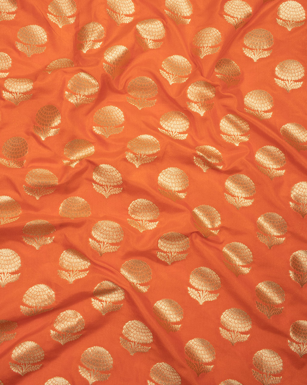 Orange Gold Booti Pattern Zari Jacquard Banarasi Taffeta Silk Fabric - Fabriclore.com