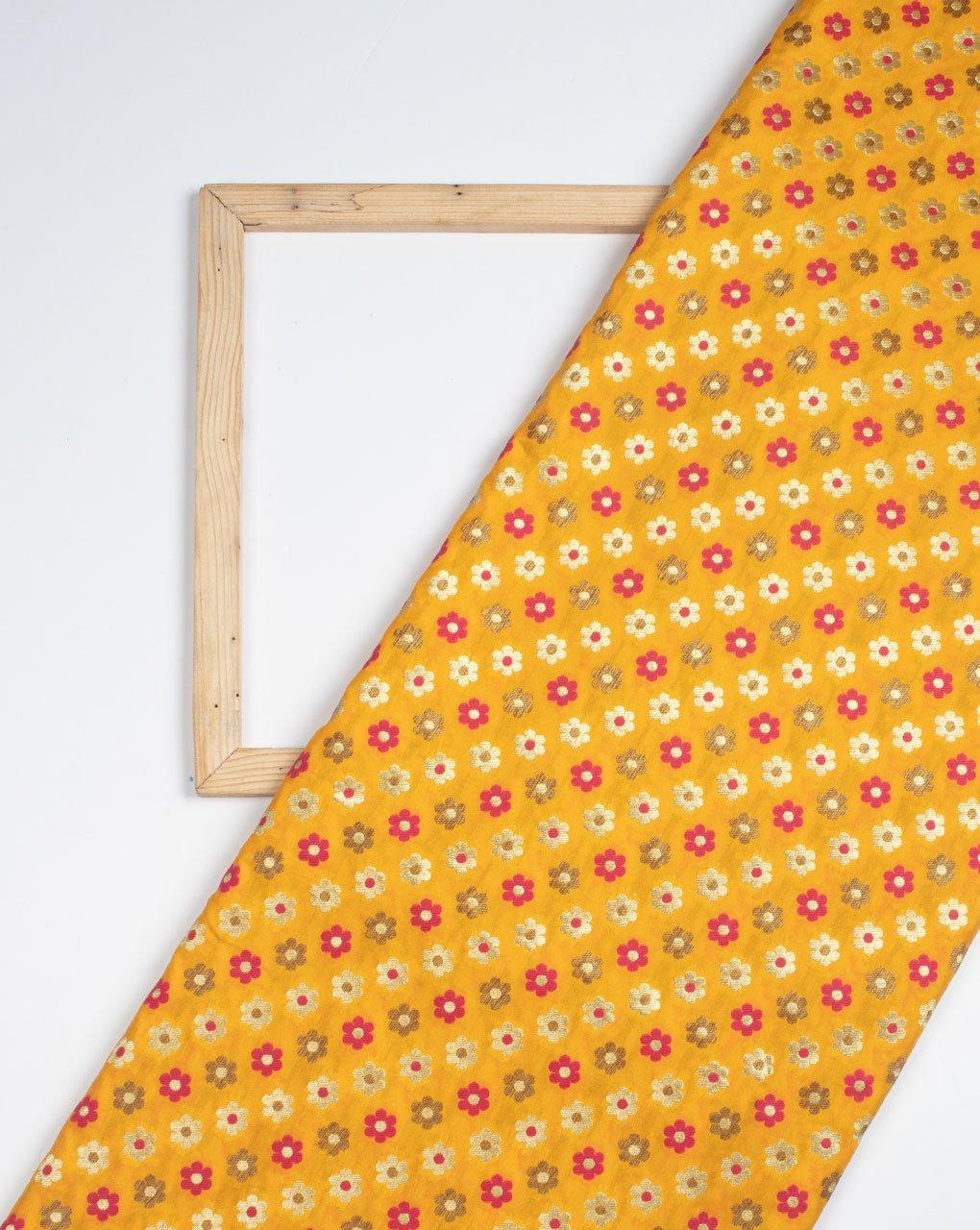 ( Pre-Cut 1 MTR ) Yellow Gold Floral Pattern Zari Jacquard Banarasi Taffeta Silk Fabric - Fabriclore.com