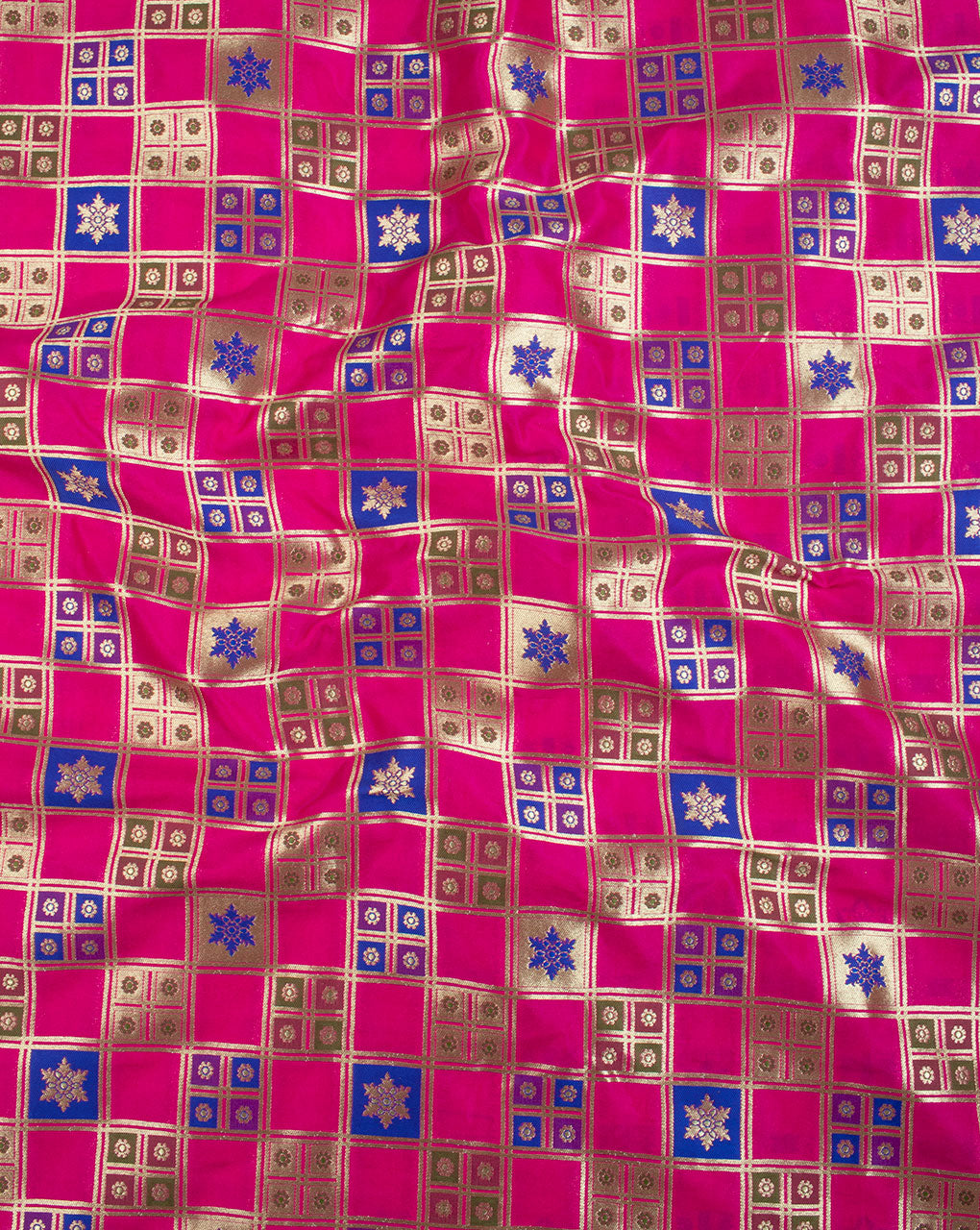 Fuchsia Gold Geometric Pattern Zari Jacquard Banarasi Taffeta Silk Fabric - Fabriclore.com