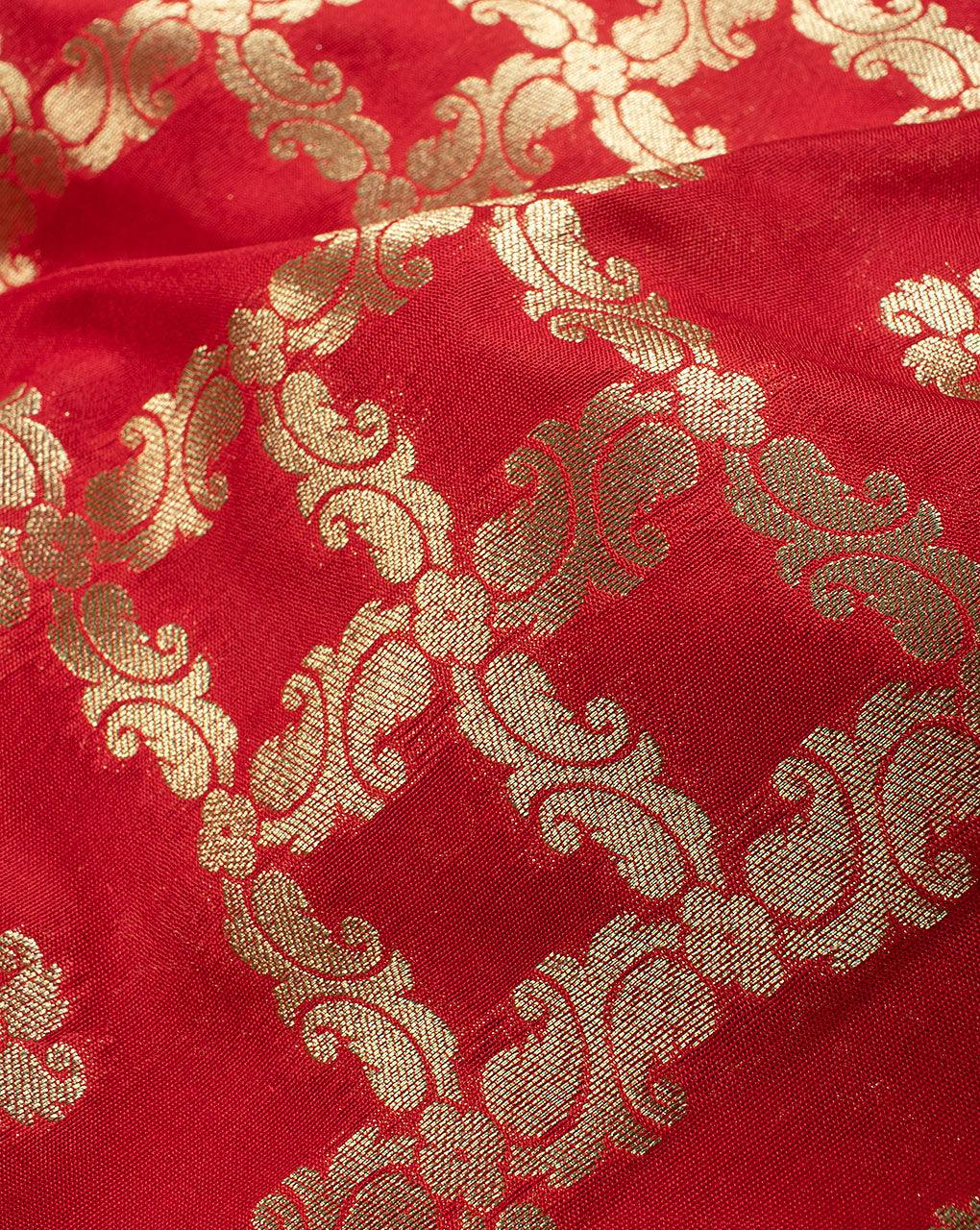 Red Gold Traditional Pattern Zari Jacquard Banarasi Taffeta Silk Fabric - Fabriclore.com
