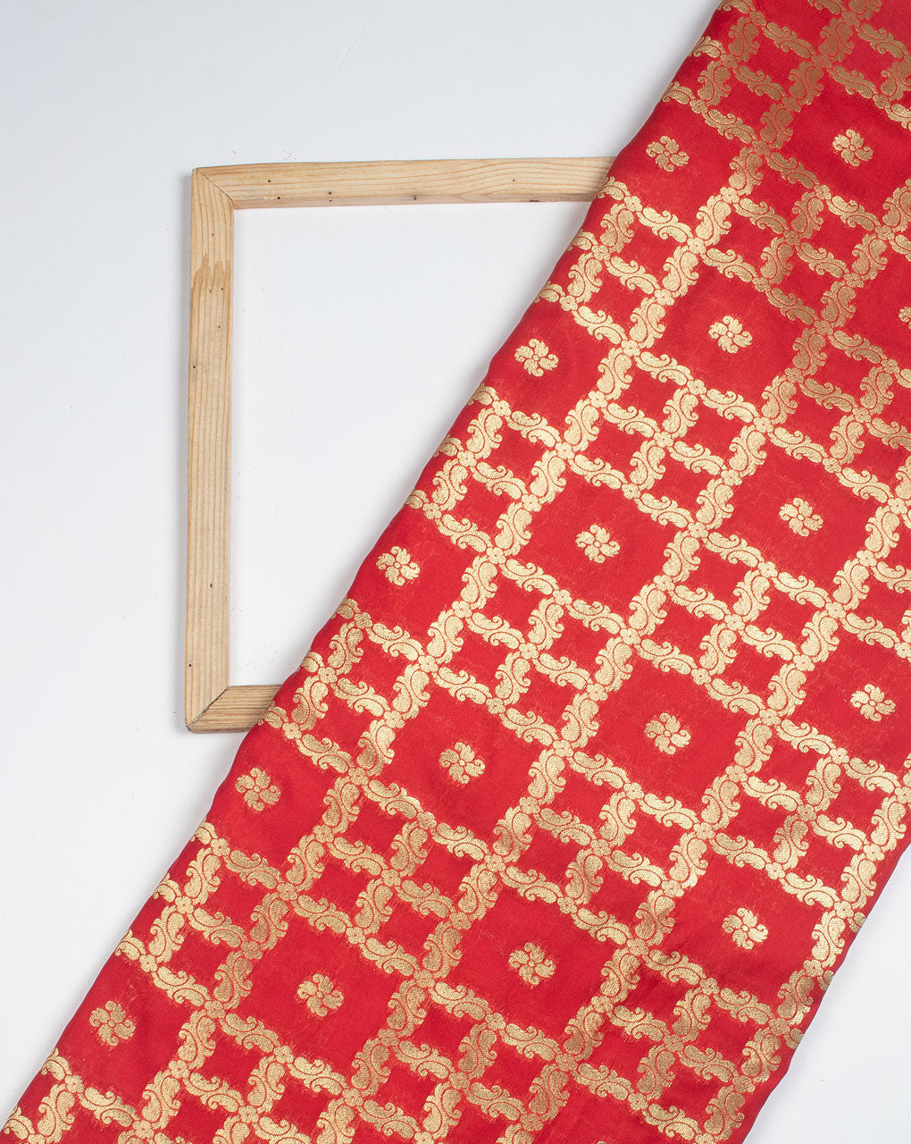 Red Gold Traditional Pattern Zari Jacquard Banarasi Taffeta Silk Fabric - Fabriclore.com