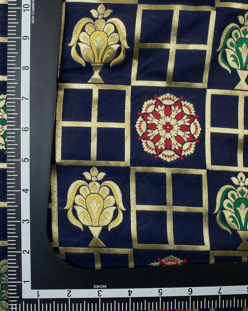 ( Pre Cut 2 MTR ) Navy-Blue & Gold Floral Pattern Zari Jacquard Banarasi Taffeta Silk Fabric - Fabriclore.com