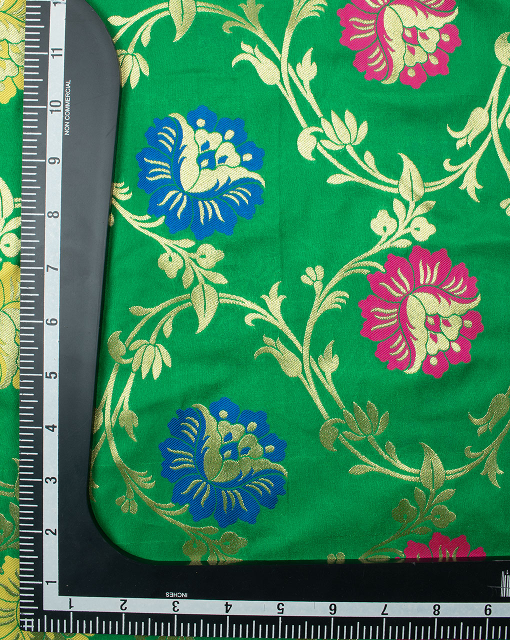 Green Gold Floral Pattern Zari Jacquard Banarasi Taffeta Silk Fabric - Fabriclore.com