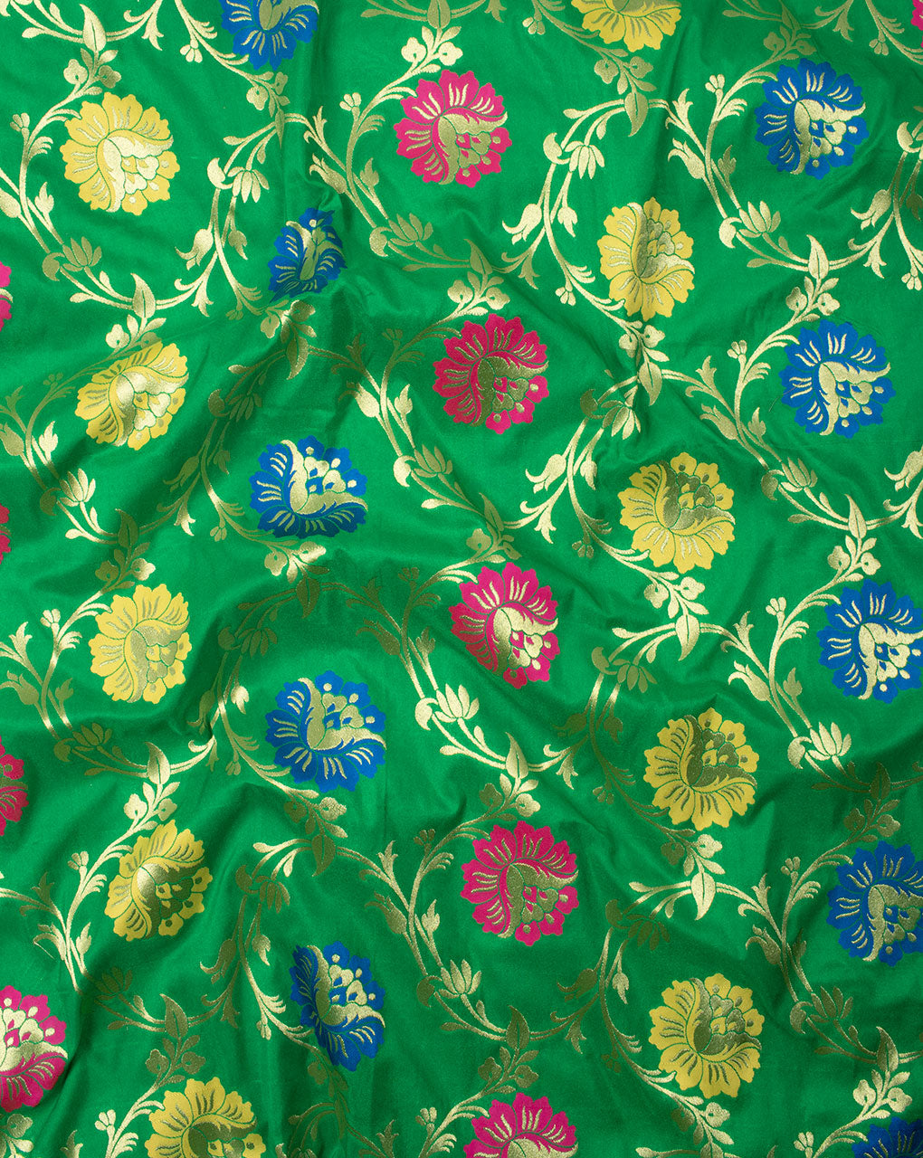 Green Gold Floral Pattern Zari Jacquard Banarasi Taffeta Silk Fabric - Fabriclore.com