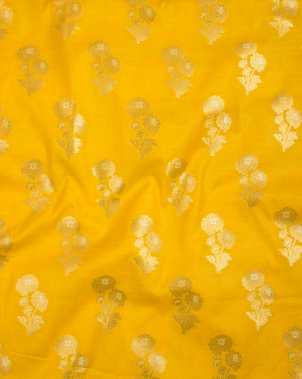 Yellow & Gold Floral Pattern Zari Jacquard Banarasi Taffeta Silk Fabric - Fabriclore.com