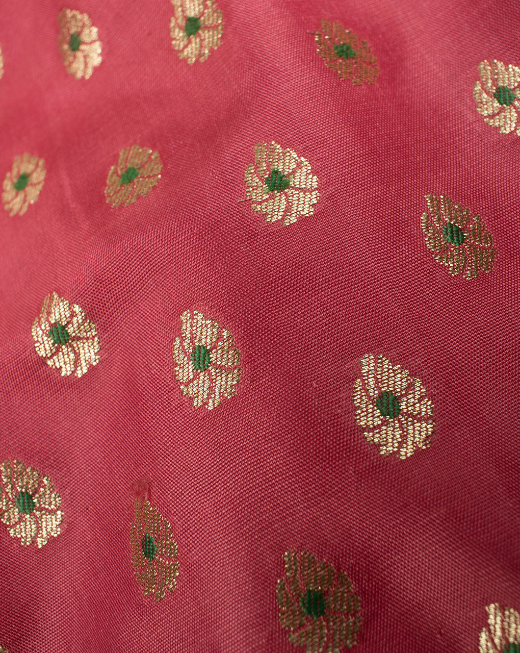 Salmon Gold Booti Pattern Zari Jacquard Banarasi Taffeta Silk Fabric - Fabriclore.com