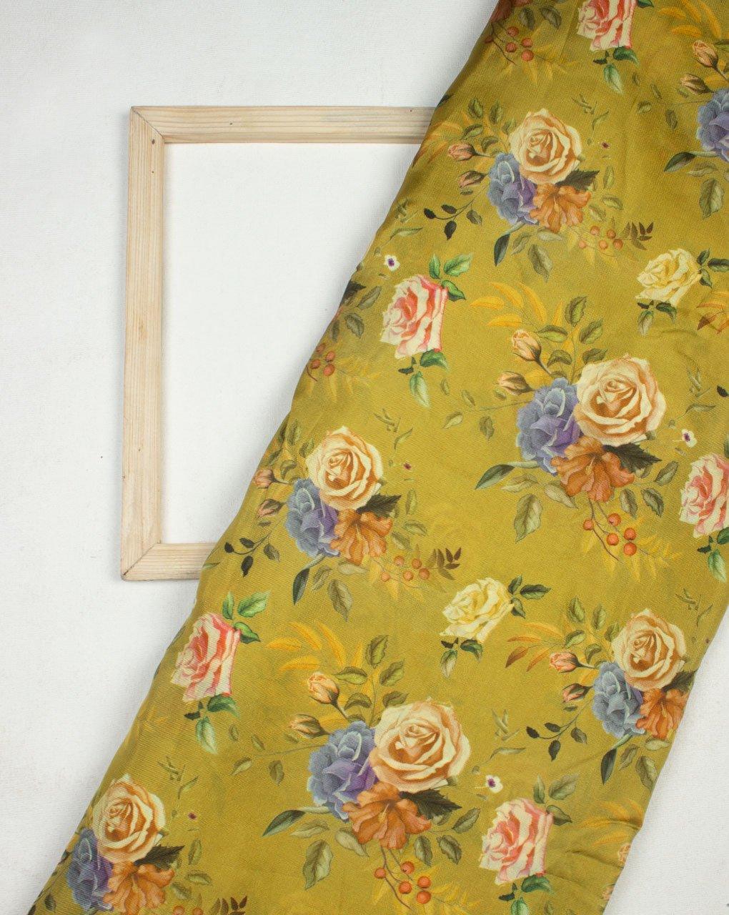 ( Pre-Cut 2 MTR ) Green Yellow Floral Digital Print Viscose Uppada Silk Fabric - Fabriclore.com