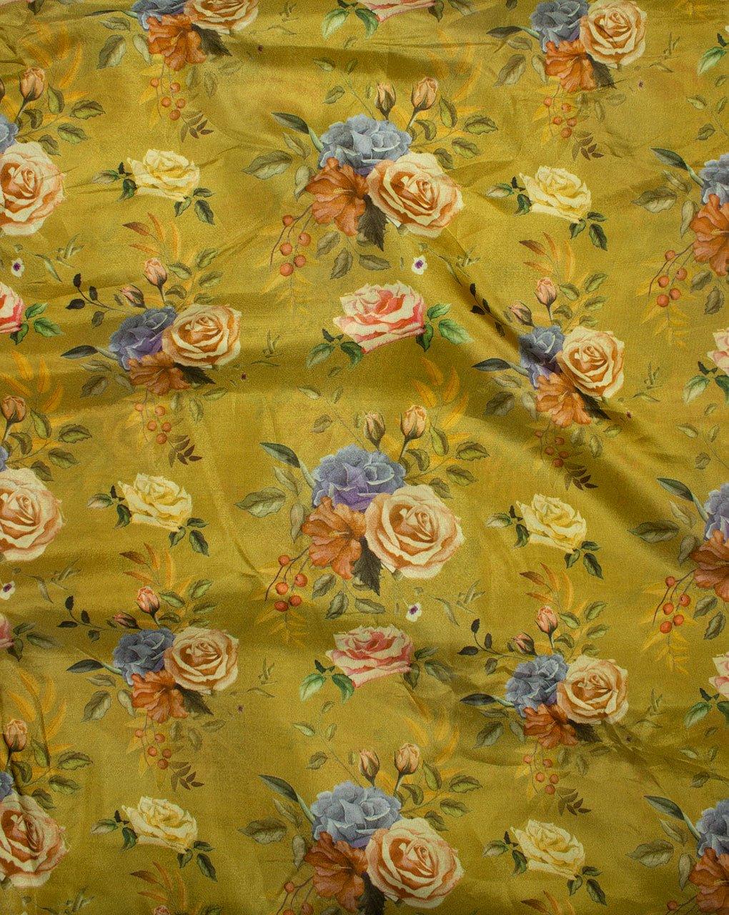 ( Pre-Cut 2 MTR ) Green Yellow Floral Digital Print Viscose Uppada Silk Fabric - Fabriclore.com