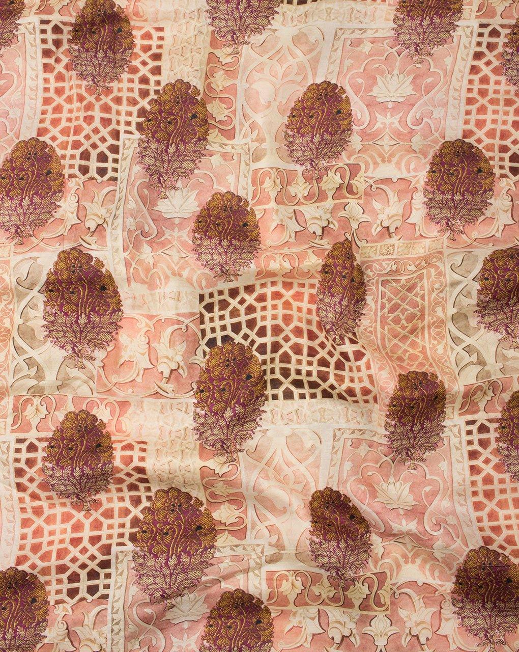 ( Pre-Cut 1 MTR ) Beige Fuchsia Viscose Muslin Mughal Digital Printed Fabric - Fabriclore.com