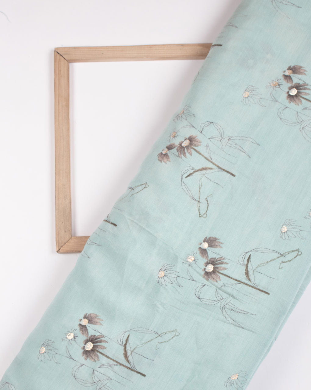 Turquoise Gold Floral Pattern Foil Screen Print Viscose Silk Fabric - Fabriclore.com