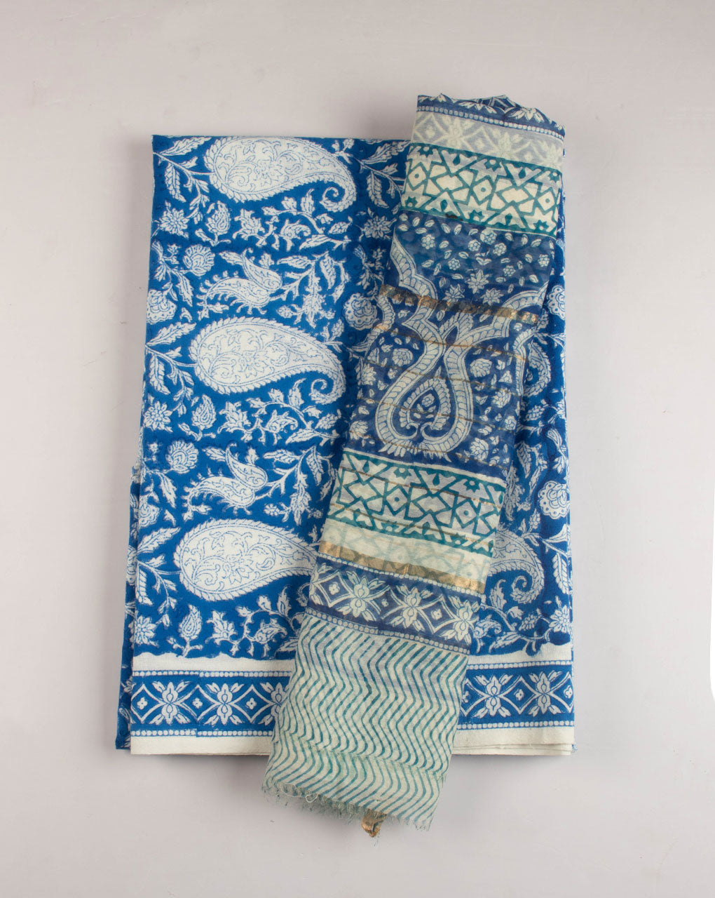 Hand Block Handloom Cotton Unstitched Top With Chanderi Dupatta - Fabriclore.com